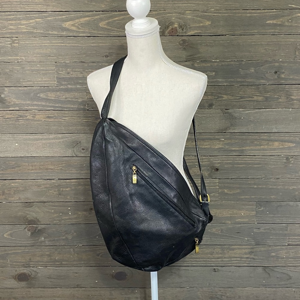 Mascot Black Leather Large Sling Crossbody Bag